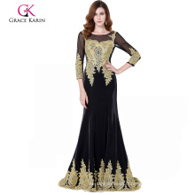 Grace Karin 3/4 Sleeve Golden Appliques Embellished Black Evening Dress manches longues GK000117-1